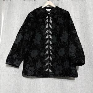 Ulla Popken Jacket Women 16/18 Black Silk Gray Open Front Wearable Art Tapestry